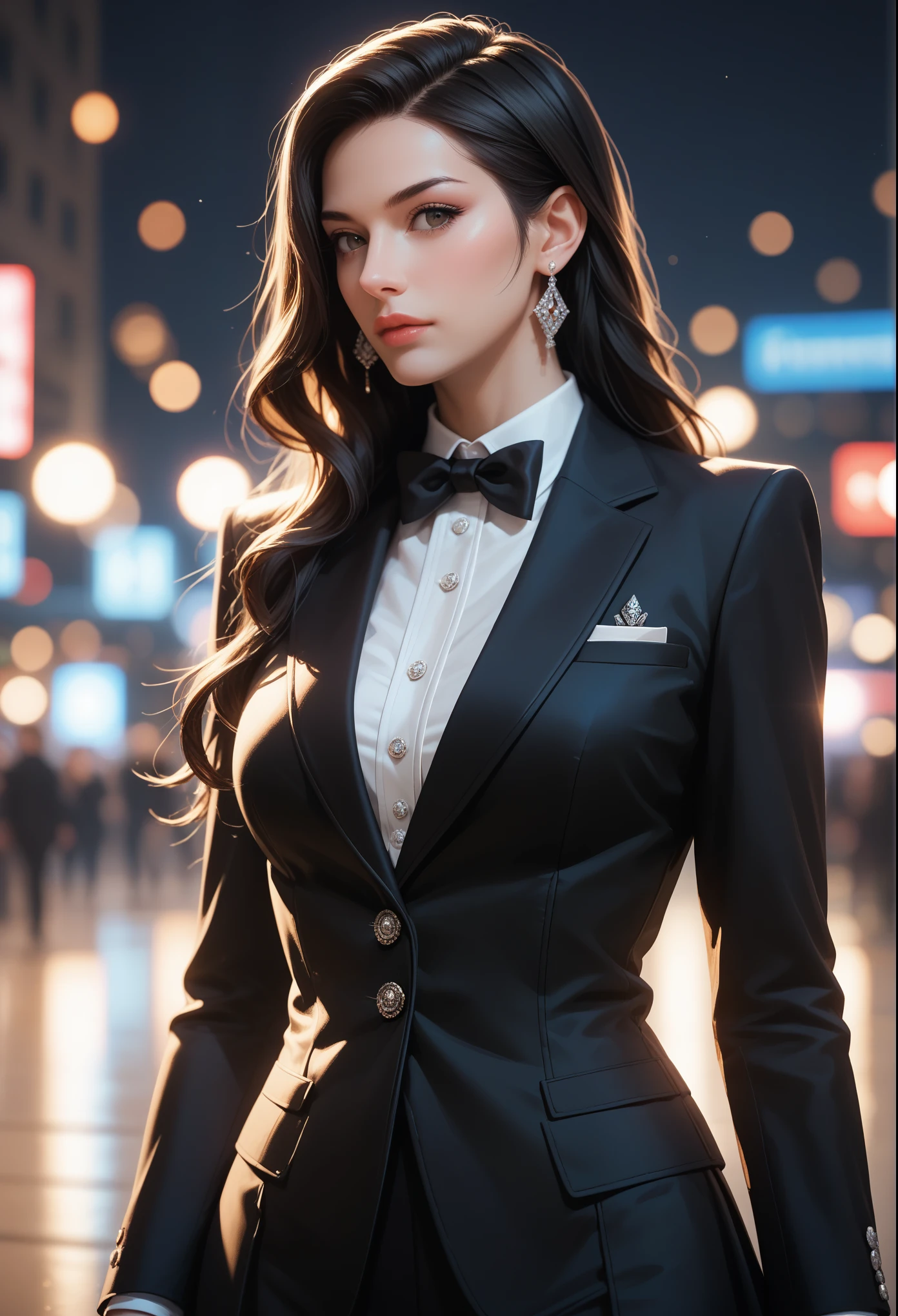 score_9, score_8_up, score_7_up, (masterpiece, UHD, 8K, 16K, ultra detailed), sfw, upperbody shot, 1girl, black hair, straight long hair, himecut, black tuxedo, catwalk, flashy light background, fashionista, (depth of field), bokeh, diffused light, dramatic ambient 