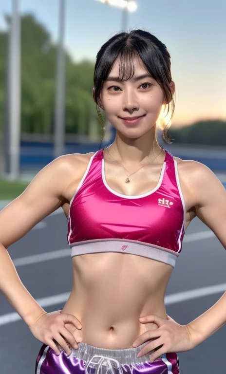 (Tabletop:1.3), (8k, Realistic, RAW Photos, Highest quality: 1.4), Japanese, Beautiful Face, (A vivid face), (Shortcuts:1.3), Realistic eyes, Beautiful Eyes, (Real Skin), Beautiful Skin, 超High resolution, Ultra-realistic, High resolution, Beautiful Japanese Women, (夜のAthletics場, Track and Field:1.5), Athletics, (Show me your armpits:1.4), (Put your hands behind your head:1.2), smile