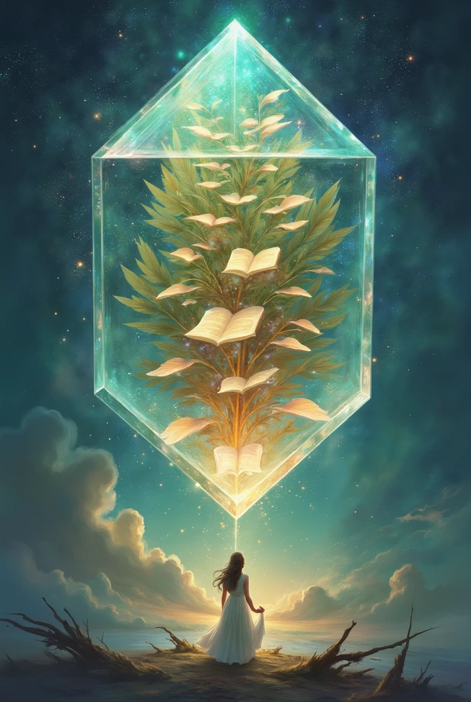 A glowing crystal floats in the middle of a vast, dark cosmic landscape, with shimmering galaxies in the distance. Inside the crystal, countless ancient books and scrolls are visible, radiating a soft light. A figure gazes at the crystal, their hand gently resting on it as if drawing knowledge from its depths. The surrounding space reflects the crystal’s light, symbolizing the endless wisdom stored within the Akashic Records.