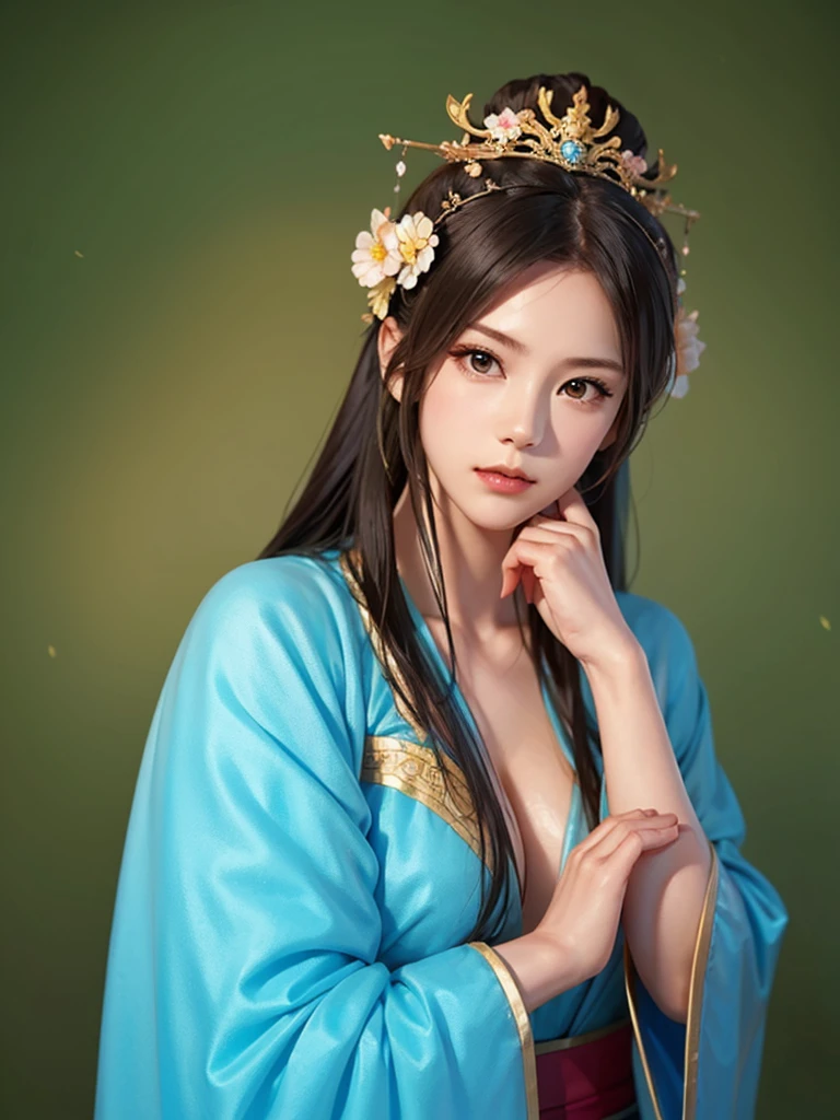 ancient chinese princess ， A girl wearing Hanfu, visual audience，,  beautiful girl 、Delicate body, Exquisite Eyes , Big 、Long hair,、Hair accessories Han Dynasty、Eternal,whole body、Lower Body，Three Kingdoms， (solid color background,,  simple background), Smoky environment, Adds a touch of mystery and drama to the scene. Soft and even lighting, Casts soft shadows, Create an atmosphere of seriousness and focus.