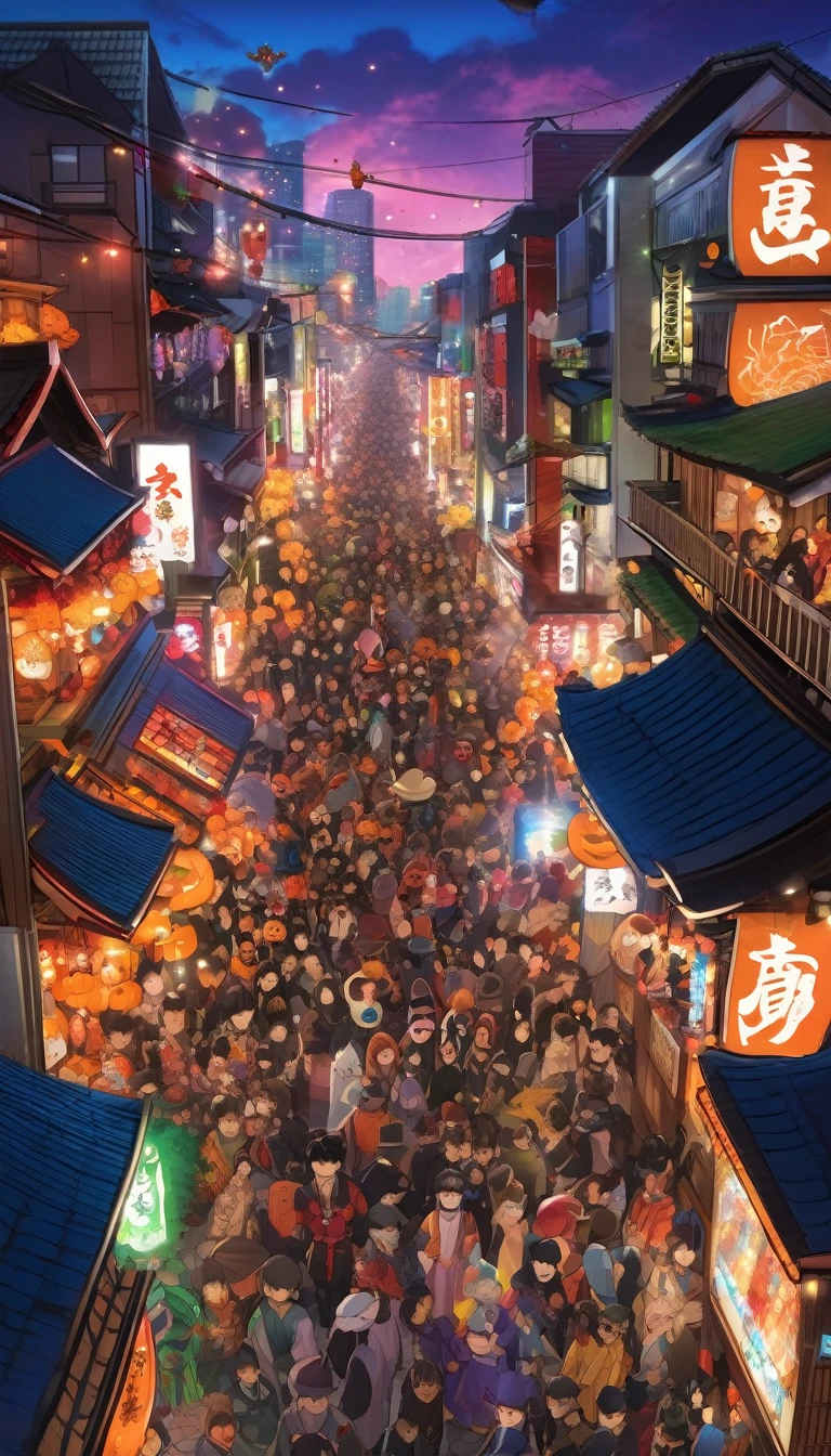 "High-angle view of a Japanese Halloween street festival, people in costumes including popular anime characters and K-pop idols, witches, devils, and monsters, crowds gathered in front of [Place name if any], colorful decorations, bright lights, photorealistic style, high resolution"