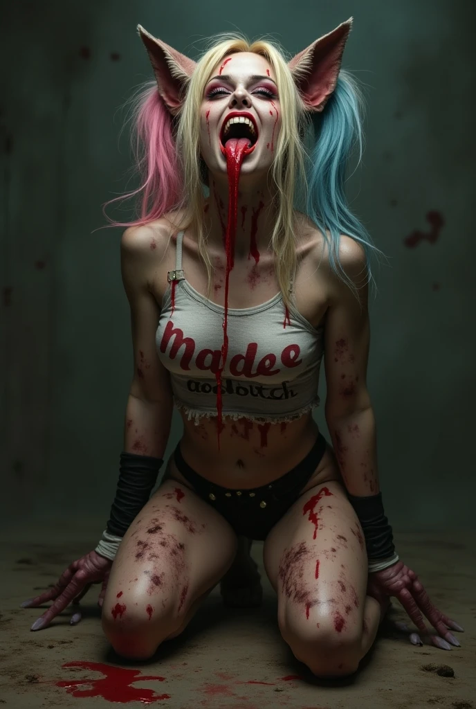 A hyper-realistic, highly detailed, and high-resolution 16k, Harley quinn, chained to a floor by a choke collar, cock in her mouth, her clothes is ripped, her fit body is wet, she is in distress getting fucked by a a monster, tentacles all over her body, tentacles all around her, tentacles around her neck, she's screaming in fear, she is their prisoner, tortured, she is wet, she is scared, she is covered in semen, semen drips from her lips, her face is dripping with semen, milk all over her, tentacles holding her down, her legs tied together, struggling , no escape, screaming, facefuck, chained, clothes ripped, struggle, she's wearing boots