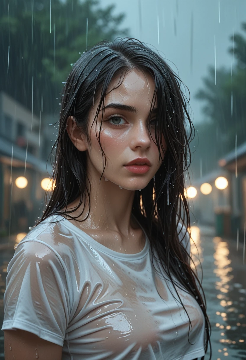 Extreme realistic depiction of a Wet Beauty Under Night Rain, in upper body shot, curvaceous glamorous body, hair over one eye,  extremely wet, realistic wet skin texture, realistic wet clothing heavy rain, realistic fabric texture, casual shirt crop top, adjusting her wet hair, head tilted slightly down.