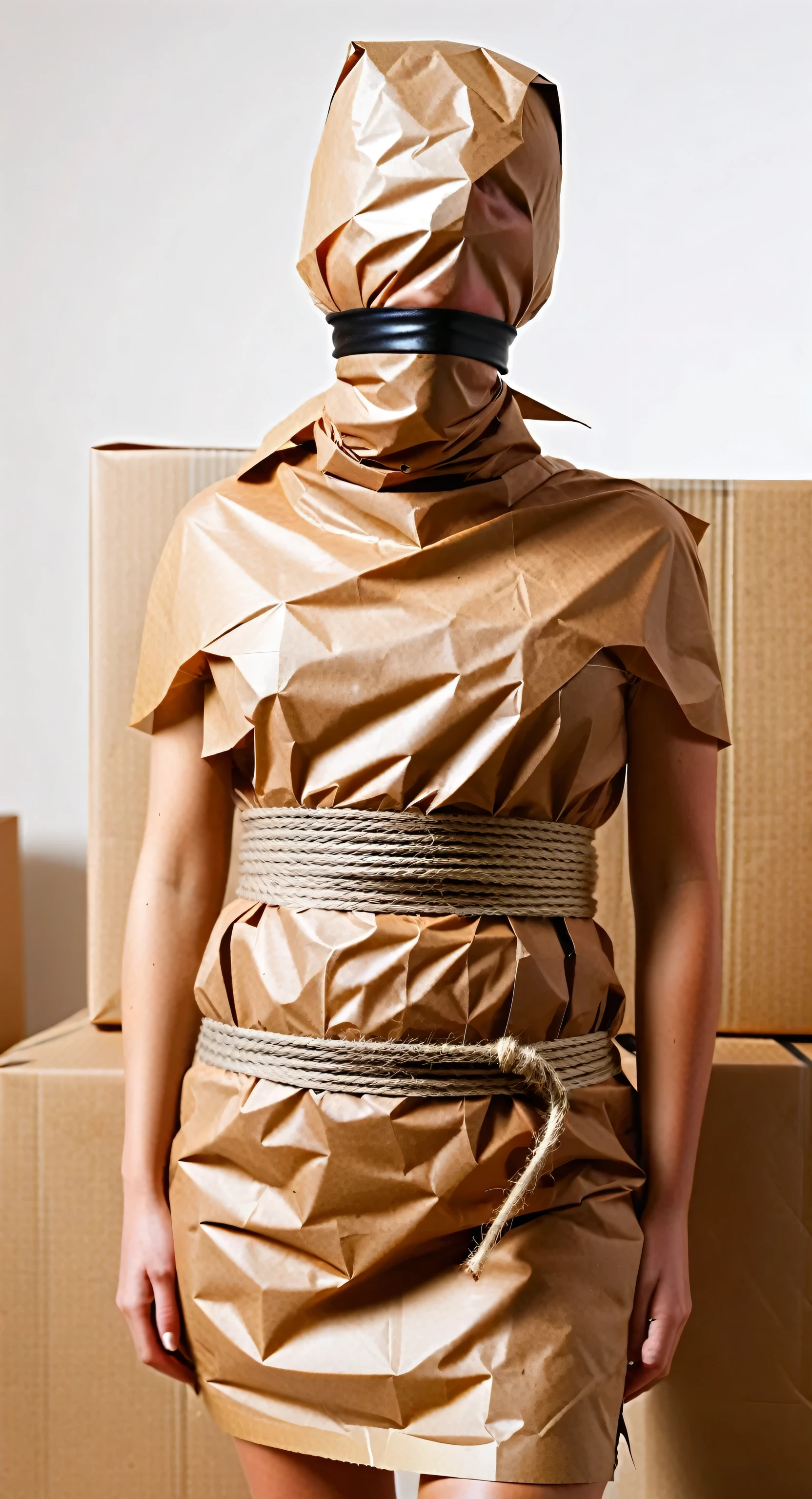 a faceless female figure wearing a makeshift smock made of crisp brown packaging paper, she is completely wrapped up from head to toe in crisp brown packaging paper like a helpless human package, arms behind her back, tightly tied up with rope wrapped around her like a mummy, she is completely covered in crisp brown packaging paper, wearing a brown paper bag over head, being wrapped by a woman, two women in the picture, inside art studio, bright day, close-up 