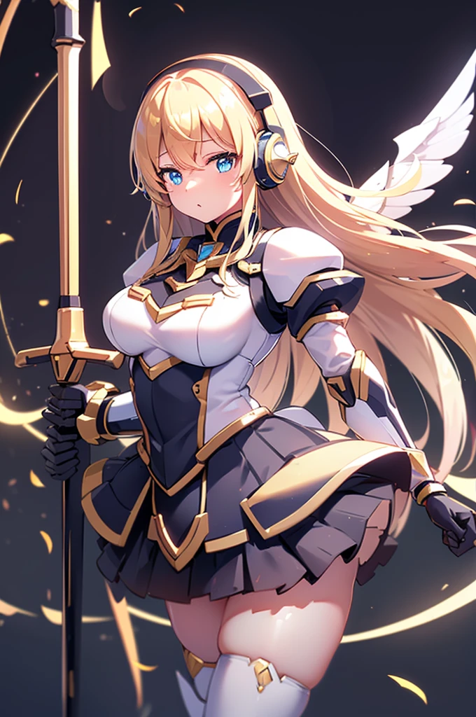 Mecha wings、 black skirt、White Armor、Thighs、tights、chest、Golden Hair、 1 girl、 solo girl 、income、 headphones、idol dress、Rin々Funny face、 Holding Swords 、mecha girl