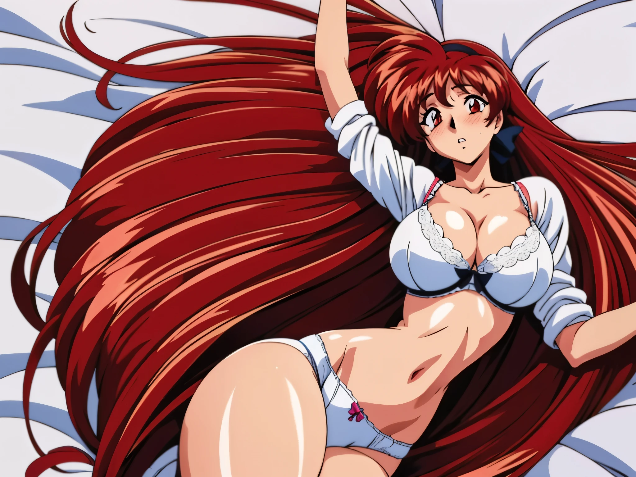 obra maestra, La mejor calidad, honjoji akira (viper series), 1girl, bed , bed sheet, big hair, blush, bra, breasts, cleavage, female focus, large breasts, lingerie, long hair, lying, navel, on back, on bed, panties, parted lips, pillow, red eyes, red hair, solo, underwear, underwear only, very long hair
