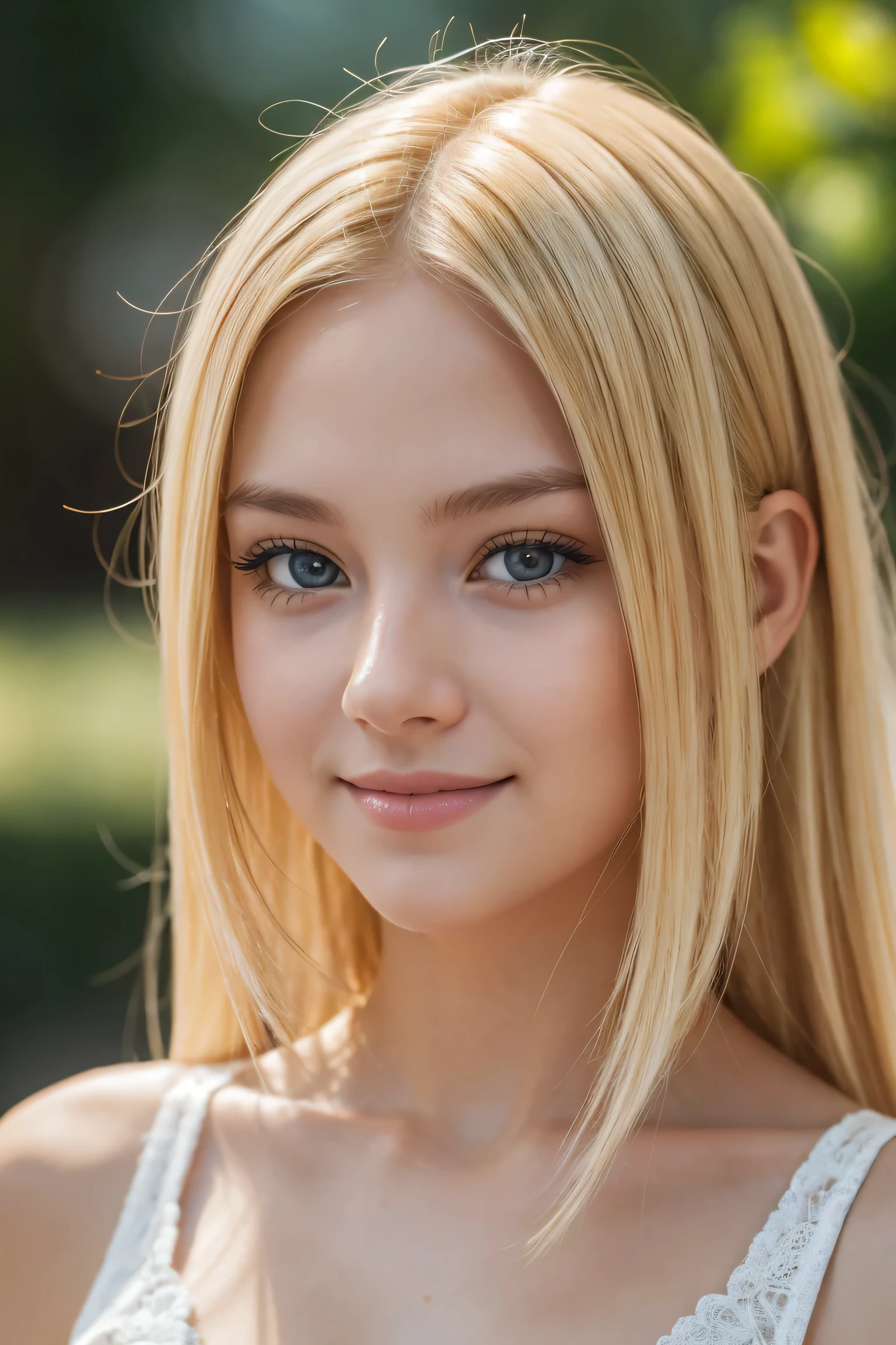 Photo of blonde girl, smiling, face, facing the viewer, thorough, simulated style, eye focus, highest quality, (very detailed skin), perfect face, fat, skin pores, (Bokeh: 0.6), clear focus, point lighting, (backlight: 0.7), film texture, shot on SONY A7R IV, 18mm F/1.7 film lens, (very detailed, intricate detail), 8k, HDR, front view, (upper body: 0.9)
