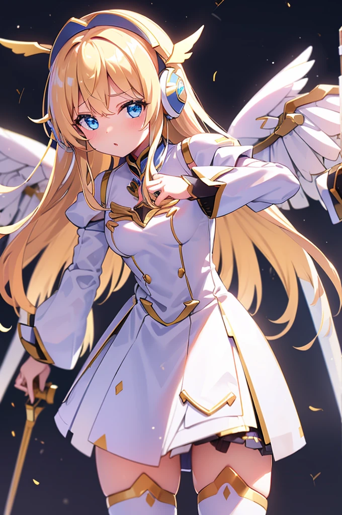 Mecha wings、White Skirt、White Armor、Thighs、tights、chest、Golden Hair、 1 girl、 solo girl 、income、 headphones、idol dress、Rin々Funny face、 Holding Swords 、mecha girl