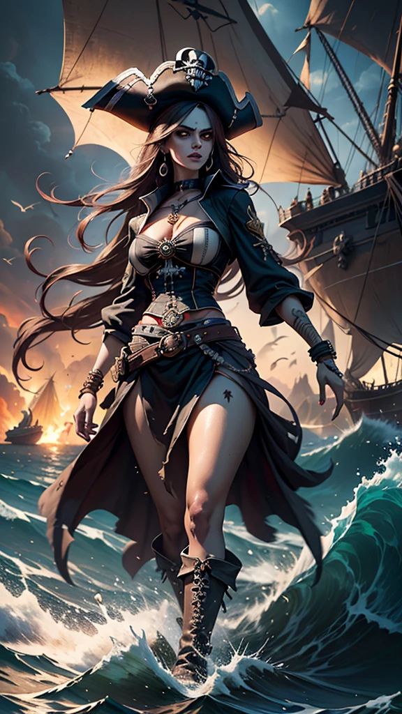 ( Better quality,4K,high,master part:1.2),ultra-detailed,realistic, sexy busty pirate girl ,long eyelashes,beautiful detailed eyes, detailed and beautiful lips ,dark hair, brown eyes,flawless skin, perfectly curved body ,hourglass figure, Pirate ship deck ,Battle at Sea , dramatic lighting , wind messing up your hair ,gun in hand, cleaver around the waist ,cannon shots in the background, smoke and sparks filling the air ,fierce expression,confident posture, pirate hat with skull and crossed bones, ornate costume of pirate captain ,gold earrings, eye patch with a crimson gem , frayed wooden planks , ragged sails ,anchor symbol on ship,waves breaking, stormy sky ,adrenaline, Pirate adventures ,treasure hunt, swordsman action ,Seductive charm,pirate queen, dreaded and respected by his crew , stormy sea ,Hidden Treasures,heroic deeds, Legendary Pirate , Secrets of the Deep Sea ,untold riches, treasure map leading to your next conquest , barrels filled with rum , gold glitter and jewelry , high-risk pirate life , skilled sword fighting , pirate flag fluttering proudly , skull and crossbones symbol , plunging neckline, revealing mirror ,high boots,long flow cable,panoramic sea view, rough sea storm ,vivid colors, pirate life ,memorable adventure, fearless captain's legacy ,Megan Raposa.