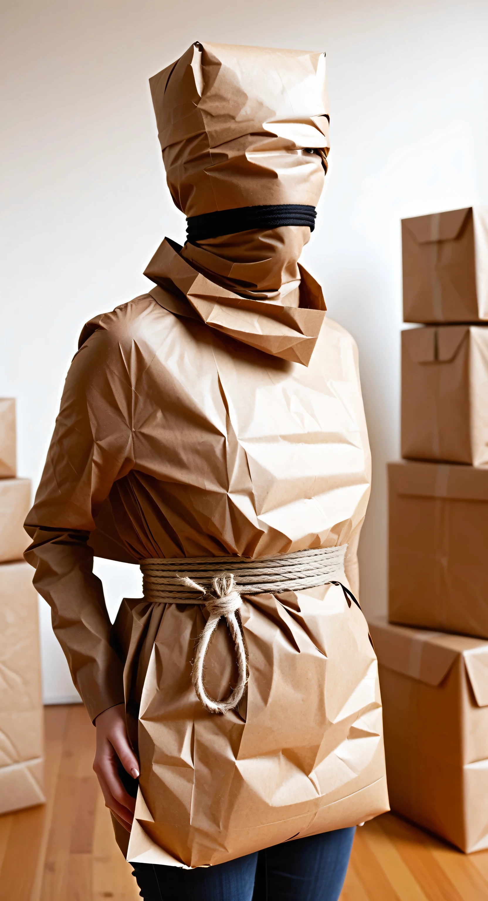 a faceless female figure wearing a makeshift smock made of crisp brown packaging paper, she is completely wrapped up from head to toe in crisp brown packaging paper like a helpless human package, arms behind her back, tightly tied up with rope wrapped around her like a mummy, she is completely covered in crisp brown packaging paper, wearing a brown paper bag over head, being wrapped by a woman, two women in the picture, inside art studio, bright day, close-up 