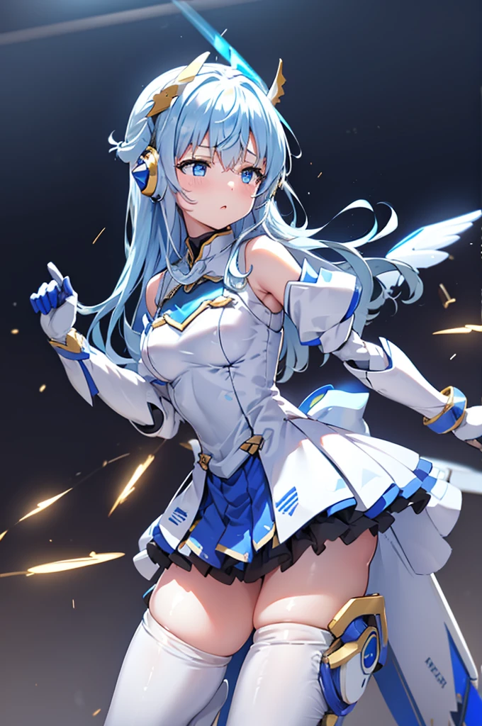 Mecha wings、light blue line 、 light blue skirt、White Armor、Thighs、tights、chest、Golden Hair、 1 girl、 solo girl 、income、 headphones、idol dress、Rin々Funny face、 Holding Swords 、mecha girl