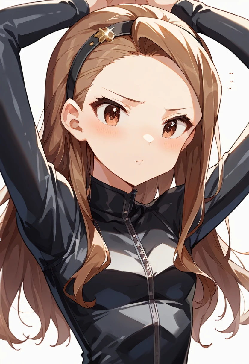 (mnsior), petite, longhair, brown hair, forehead, brown eyes, hairband, small breasts, {black latex suit}, hands above head, blush, score_9, score_8_up, score_7_up, source_anime, {upper body, look at viewer}