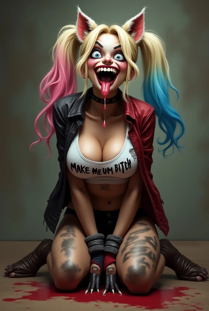 Nsfw female clown who has features of the Joker with unique makeup, purple hair, a scar on his face, a wider smile, looks scarier and has a red nose, nude, large breasts, tattooed, full body view. Skinny ite. In front of a wall with graffiti in dark alley,  burning trash barrel, sitting on the ground with legs spread, no clothes, with visible tan lines on the body, cum dripping from her mouth and vagina 