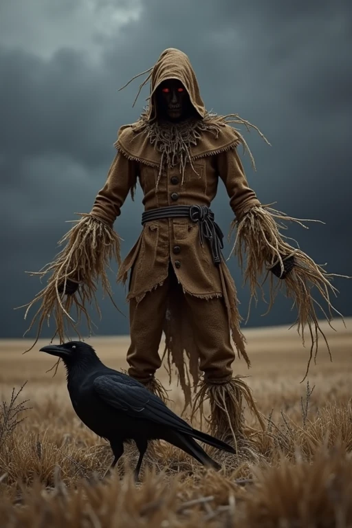 An animatronic scarecrow with a rag and straw appearance. It has a face covered by a burlap sack and glowing red eyes..