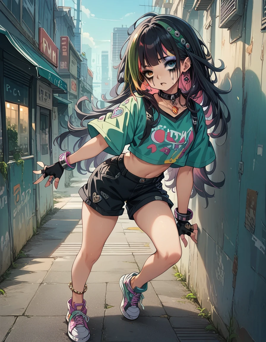 (high resolution,,)(nsf3)(Downtown)(Full body view) 1girl((female ) (Black Hair、 semi-long hair、Heterochromia,Urban Punk Makeup )（ Punky Magical Girl Outfit,Ear Cuff, anklet with birthstone,sneakers,Fingerless gloves）