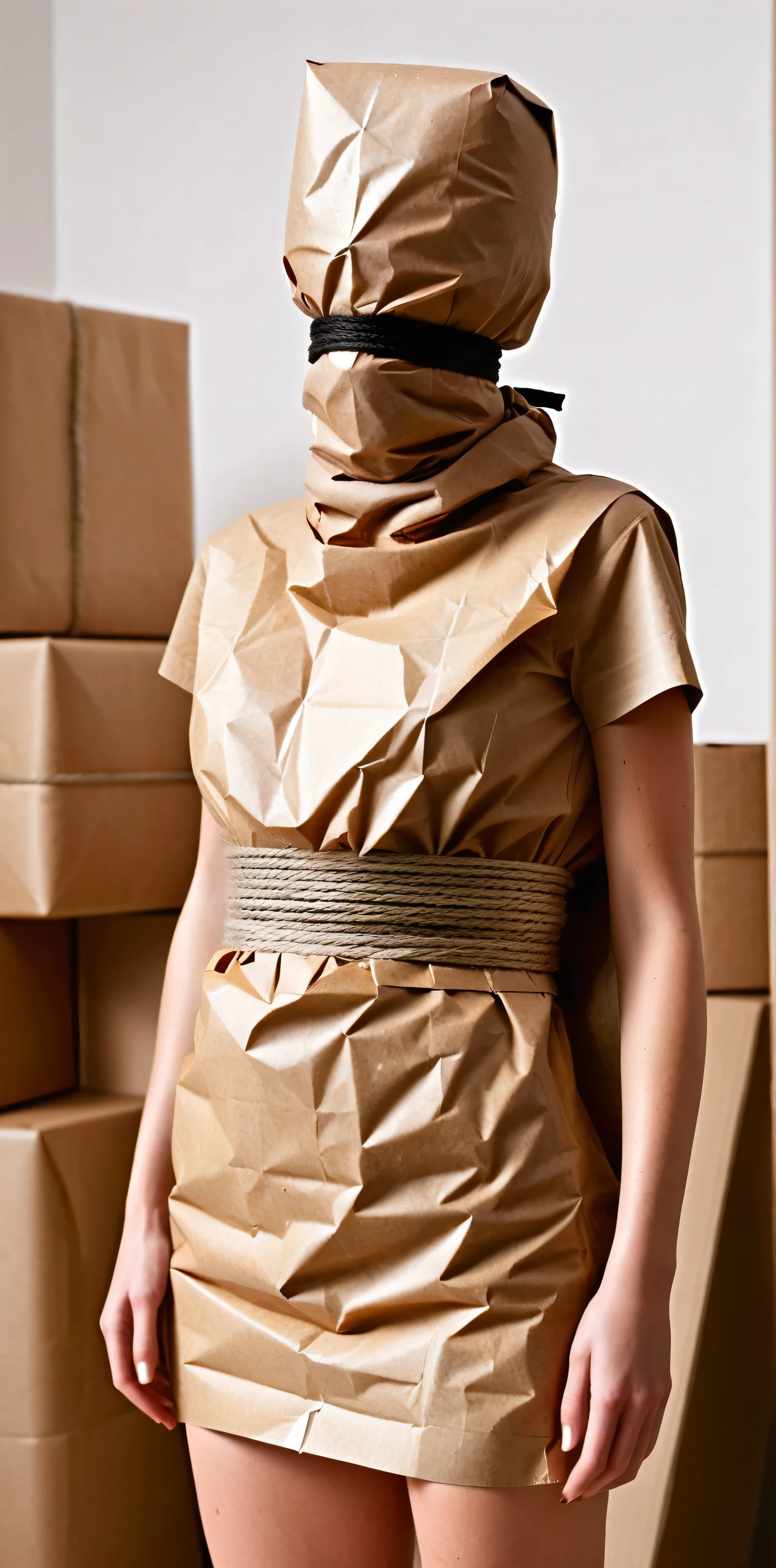 a faceless female figure wearing a makeshift smock made of crisp brown packaging paper, she is completely wrapped up from head to toe in crisp brown packaging paper like a helpless human package, arms behind her back, tightly tied up with rope wrapped around her like a mummy, she is completely covered in crisp brown packaging paper, wearing a brown paper bag over head, being wrapped by a woman, two women in the picture, inside art studio, bright day, close-up 