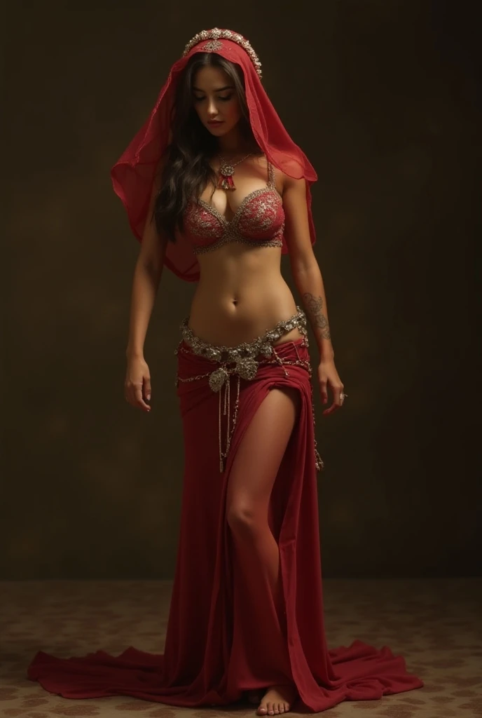 Giant girl, belly dancer, looking at the viewer cleavage, jewelry, lipstick, sheer harem pants ,,HUGE BREASTS AND DETAILED CLEAVAGE,, DETAILED ABS,ABS,ABS.