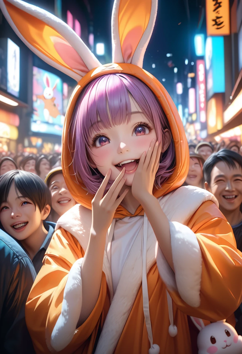 A crowded street in Shibuya at night, people in colorful Halloween costumes waving and making provocative poses, a rabbit in the crowd looking and laughing at the people, the rabbit covering its mouth and smiling towards the viewer, (a close-up shot of the rabbit watching the crowd with a focus on the rabbit: 1.2), detailed realistic 8k, cinematic lighting, vibrant colors, dynamic composition, intricate details, photorealistic, studio lighting, highly detailed, award-winning digital art, trending on artstation