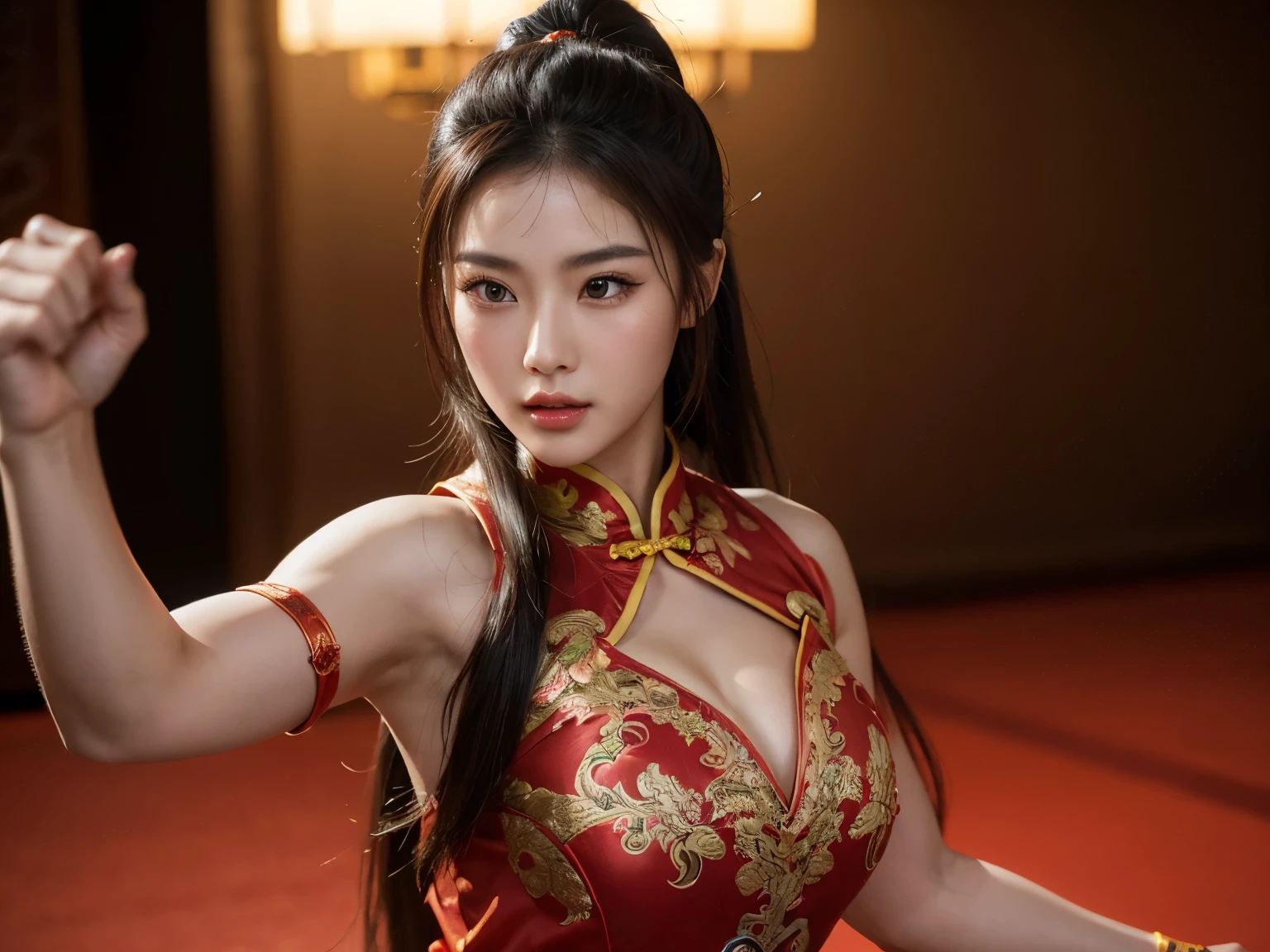 high quality detailed portrait of a beautiful chinese woman in a street fighter pose, dynamic high kick, traditional chinese costume, martial arts studio, photorealistic, 8k, highly detailed, beautiful detailed eyes, beautiful detailed lips, extremely detailed face and expression, long eyelashes, dynamic action, energy, power, strength, female warrior, cinematic lighting, vibrant colors, NSFW