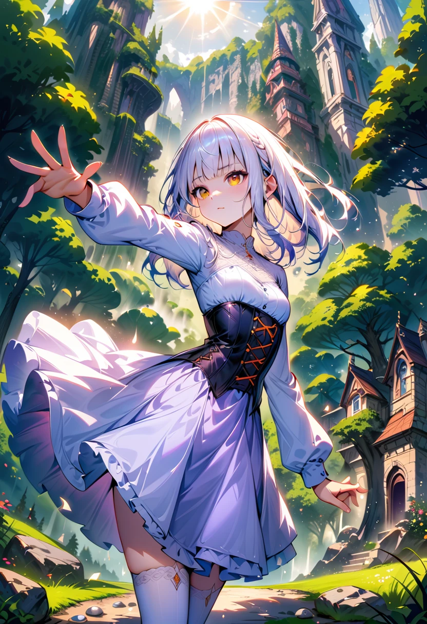 Octane Render、(Hyper-detailing: 1.15)、cinematic lightening、Cute Fantasy Princess、Handgun shooting practice、Fine Pattern Pistol,long boots、ultradetailed eyes、Full Paint、（Floral hair ornament、butterfly hair ornament）、masutepiece、Anatomically correct、blur、depth of fields