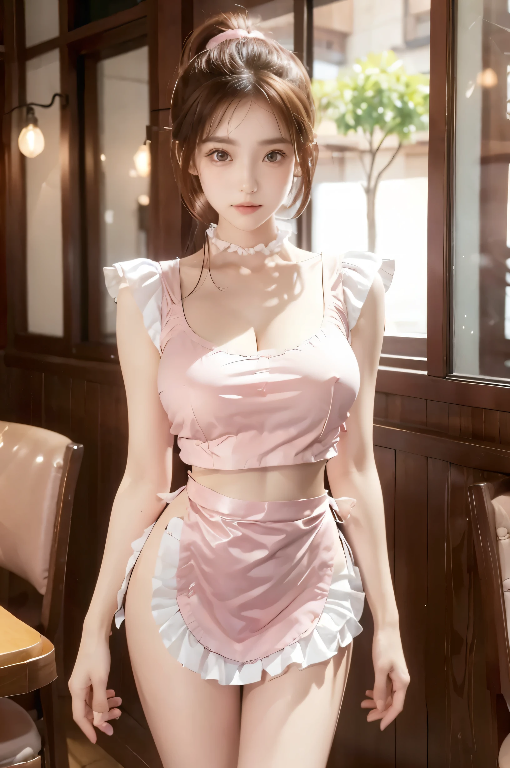 ( super high image quality ), ( looking over here), (Pink shirt, White ruffled apron), Big Breasts, Super beautiful breasts, Slender,  narrow waist, (Thin legs:1.2), (Thin thighs:1.2), (Thin Hips:1.4), (Beautiful Skin,  shiny skin,  white skin), (Super slim face, Super beautiful face, No makeup, smile:0.6), (Light Brown Hair,  ponytail, Layered Cut, Fluffy hair), (Big eyes:1.3, High corners of the eyes:1.6, double eyelid), (Thin eyebrows:0.1), (Small Nose:0.6), (Thin lips:0.6), Beautiful Hands, Empty-handed,  standing, Bright restaurant