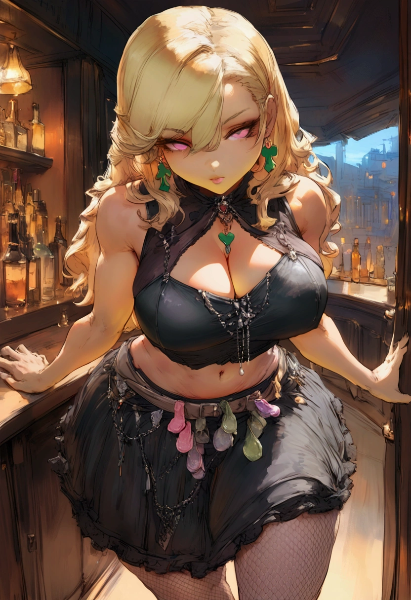 (cutesexyrobutts:0.8), digital painting, Marin Kitagawa  from My Dress-Up Darling, blonde hair, light pink eyes standing by a bar holding XL condoms, wearing a black schoolgirl outfit resembling her original  ruffly skirt and crop top showing midriff and cleavage, full view, seductive facing forward, stockings, big breasts, fishnet stockings, visible black spade-shaped earrings dangling, condom belt around her waist