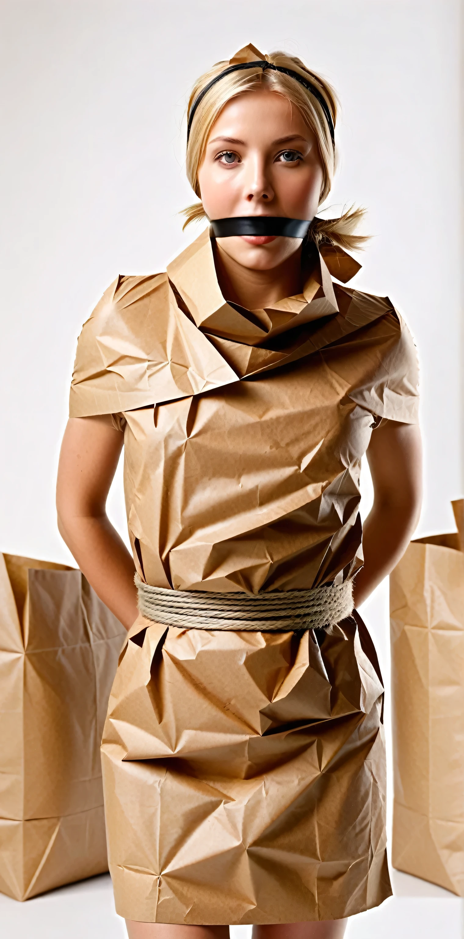 an extremely beautiful young blonde woman wearing a makeshift smock made of crisp brown packaging paper, she is completely wrapped up from head to toe in crisp brown packaging paper like a helpless human package, arms behind her back, tightly tied up with rope wrapped around her like a mummy, she is completely covered in crisp brown packaging paper, wearing a brown paper bag over head, being wrapped by a woman, two women in the picture, inside art studio, bright day, close-up 