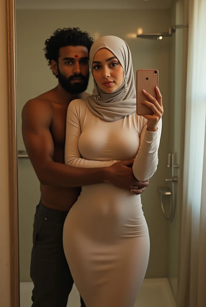 (masterpiece, best quality:1.2), cowboy shot, 1 malay girl and 1 malay boy, malay girl age 18, malay boy age 18, smile, big grin, big laugh, looking at viewer, hand on hip, girl wearing narrow black color hijab, chubby body, fat body, big ass, big buttock, wide hip, bend over showing big buttock on bed, fat on abs, plump thigh, sweating body, cute girl posing naked, nude body, naked body, no clothes, boy nude behind girl, boy have big penis, in Malaysian student room, books on bed,