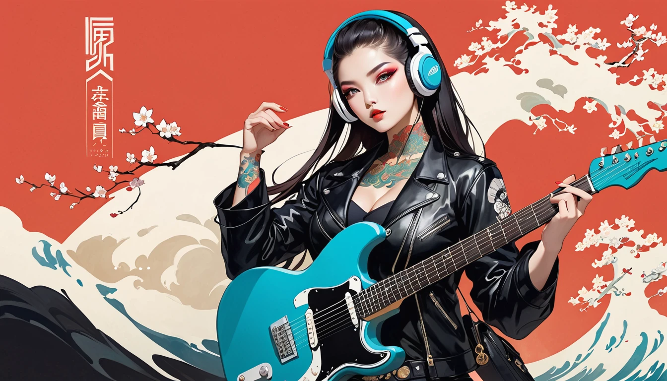 (masterpiece, best quality:1.2),Ink Painting, (((1 girl))), (((Tattoo on face))), (((sunglasses))),(((skull mask))), (((ELECTRIC GUITAR))), Japanese style headphones, beautiful girl, Black Hair, Delicate and precise, Modern ukiyo-e style, background color Darkness