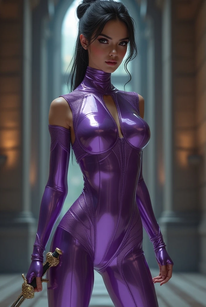 lagertha, tight shiny plum dress, {{{masterpiece}}}, {{{best quality}}}, {{{highres}}}, {cinematic lighting}, sexy body, big ass, jlo, latina, tight, tube dress, detailed skin, realistic , full body, pantyhose, plum, realistic, erotic smile, eyebrow raised red lips, long black hair