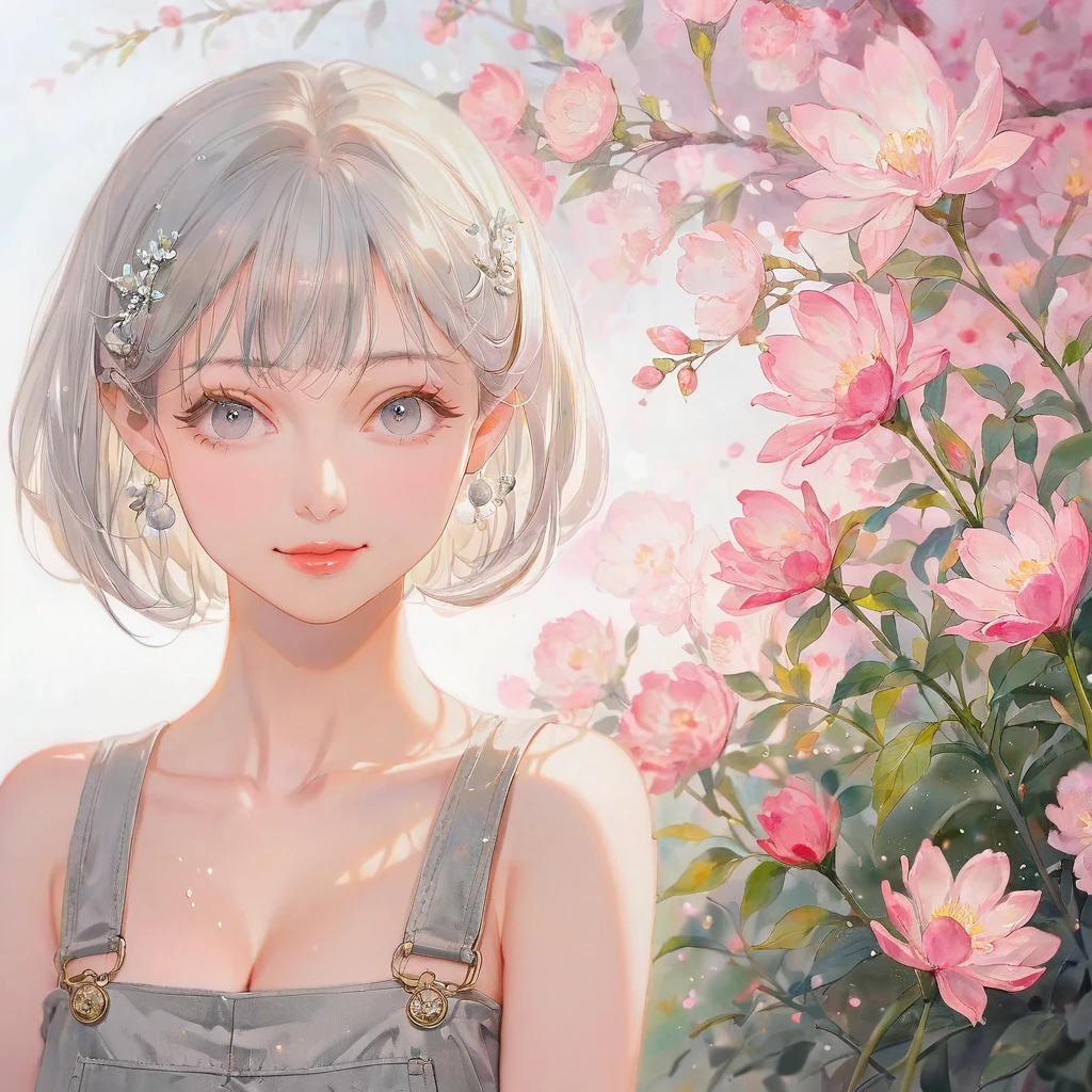 a beautiful girl,(Shiny silver hair), (wave bob cut:1.2),(Large Breasts, athlete, long eyelashes), (soft gray lib knit tops and black mini skirt), (gentle smile),(soft smile),Light blush, gentle gaze, (graceful flower garden), (hyper-realistic dewy skin, ultra detailed), (detailed silver eyes), High resolution.8K.an extremely delicate and beautiful, the overall effect is ethereal and intimate, capturing intricate details of her face, a happy gaze, watercolor (medium)