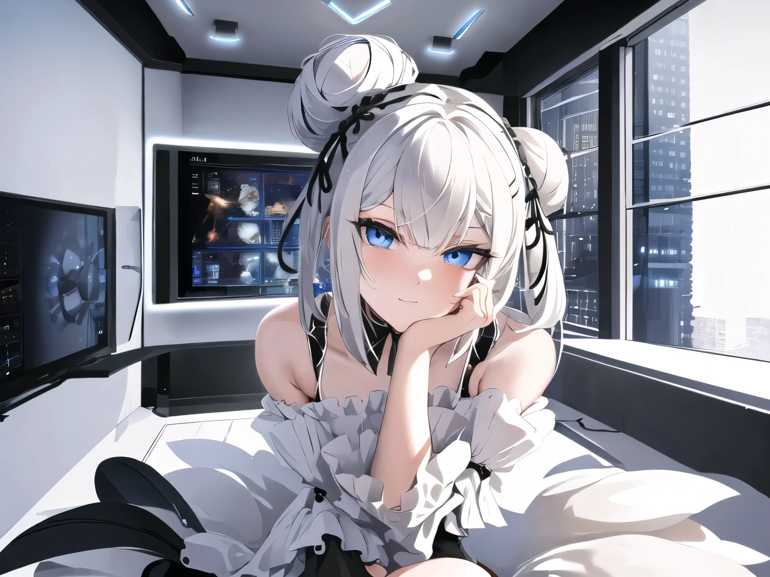 (Best Quality) Dark gaming room, 1 girl, half up bun hair, bob hair, pearl white hair, white and black, fps wear, gaming monitor, sitting on a gaming chair, cute, beautiful emphasis, fluffy puff sleeves, blue eyes, detailed eyes, glass windows, plant lights hanging from the ceiling, illuminated by glass windows illuminated by plant lights hanging from the ceiling, one room in a high-rise building, black high socks I have silver earrings