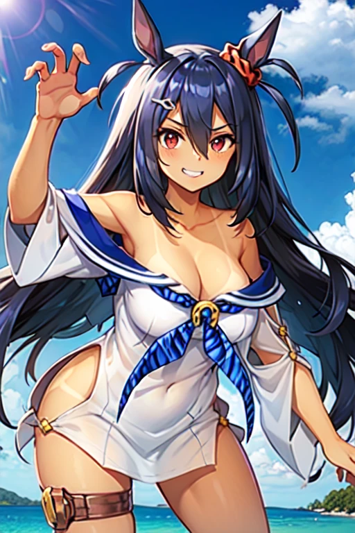 Hishi Amazon、One person、girl、best quality, blue sky, sailor collar, wide sleeves, blue neckerchief, white shirt, sailor dress, thigh strap, blue footwear, tanlines, bikini tan, off shoulder, cleavage, bare shoulders,smug,grin