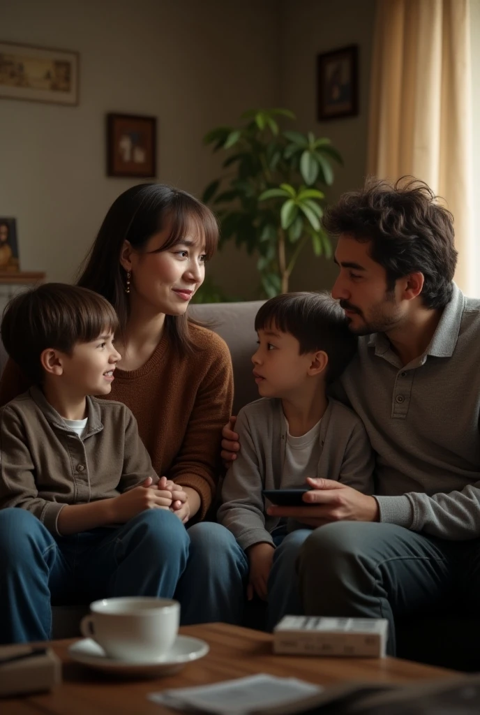 Create an image of a family in a rustic modern living room sitting on the couch watching TV
