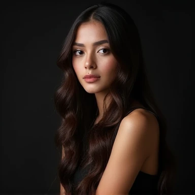 a young woman with long dark brown hair, beautiful young woman wearing dress, dark background, perfect lighting