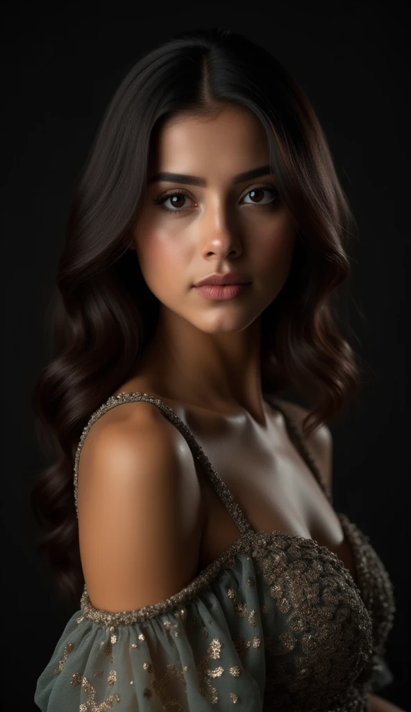 a young woman with long dark brown hair, beautiful young woman wearing dress, dark background, perfect lighting