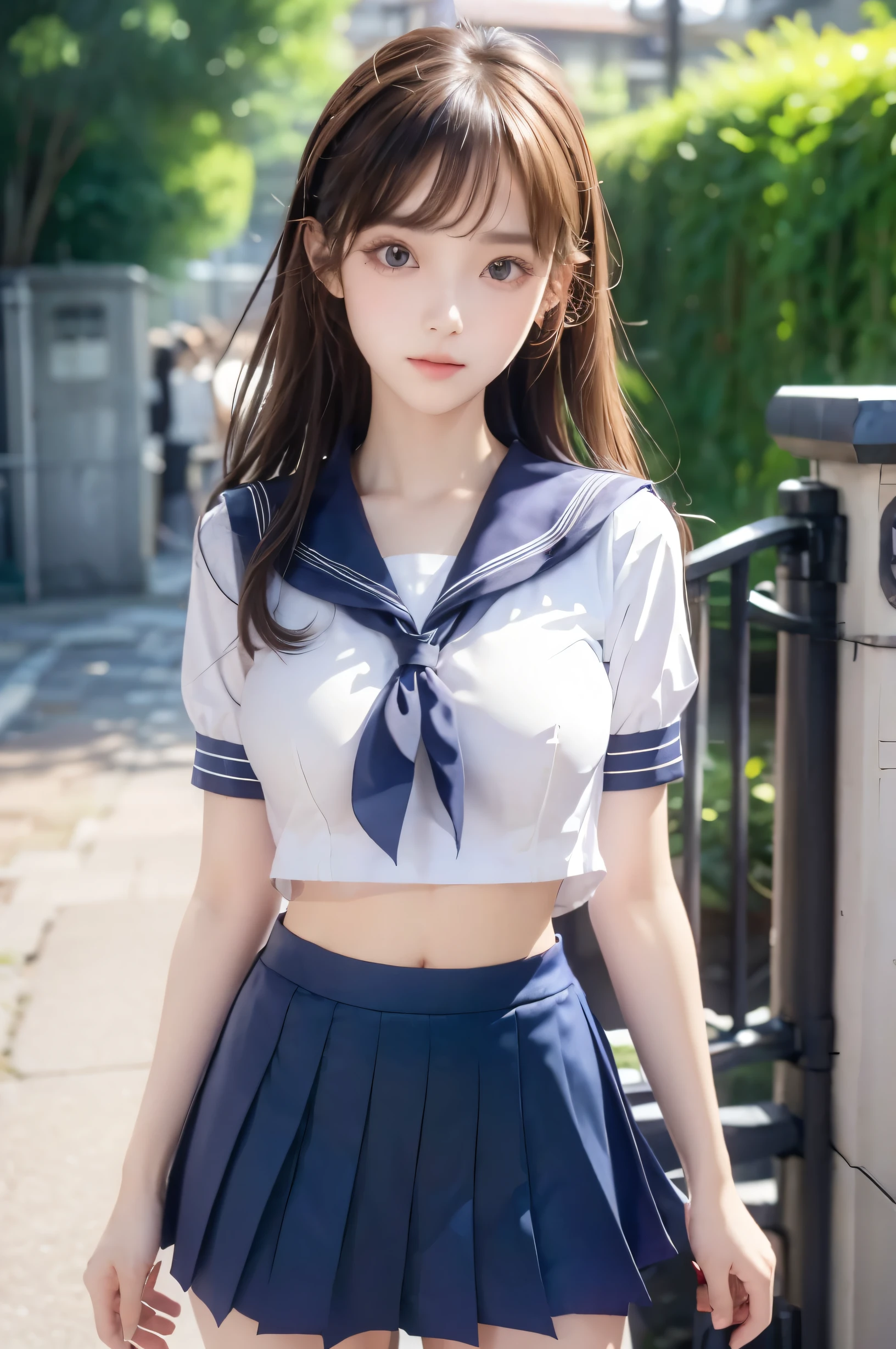 ( super high image quality ), ( looking over here), (Short-sleeved sailor uniform,  navy blue mini skirt), Big Breasts, Super beautiful breasts, Slender, (Thin legs:1.2), (Thin thighs:1.2), (Thin Hips:1.4), (Beautiful Skin,  shiny skin,  white skin), (Super slim face, Super beautiful face, No makeup, Smile:0.6), (Light Brown Hair,  semi-long, Layered Cut, Fluffy hair), (Big eyes:1.3, High corners of the eyes:1.6, double eyelid), (Thin eyebrows:0.1), (Small Nose:0.6), (Thin lips:0.6), Beautiful Hands, Empty-handed,  standing, In front of the school gate