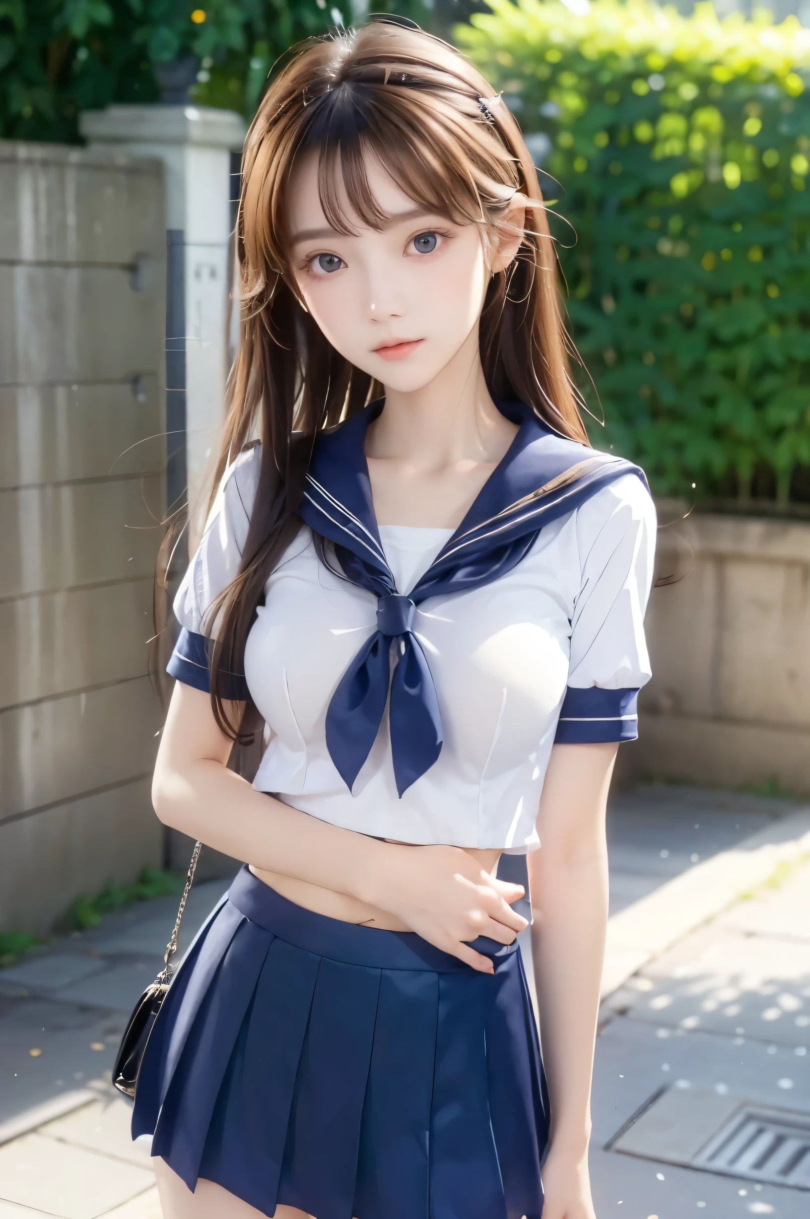 ( super high image quality ), ( looking over here), (Short-sleeved sailor uniform,  navy blue mini skirt), Big Breasts, Super beautiful breasts, Slender, (Thin legs:1.2), (Thin thighs:1.2), (Thin Hips:1.4), (Beautiful Skin,  shiny skin,  white skin), (Super slim face, Super beautiful face, No makeup, Smile:0.6), (Light Brown Hair,  semi-long, Layered Cut, Fluffy hair), (Big eyes:1.3, High corners of the eyes:1.6, double eyelid), (Thin eyebrows:0.1), (Small Nose:0.6), (Thin lips:0.6), Beautiful Hands, Empty-handed,  standing, In front of the school gate