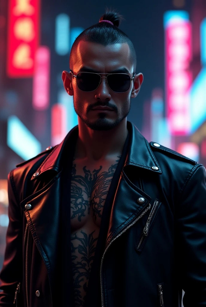 um jovem de cerca de 22 anos com um cabelo moreno curto dividido, with various tattoos on his neck and round sunglasses, usando um colete aprova de balas em um mundo cyberpunk, Fotorealista