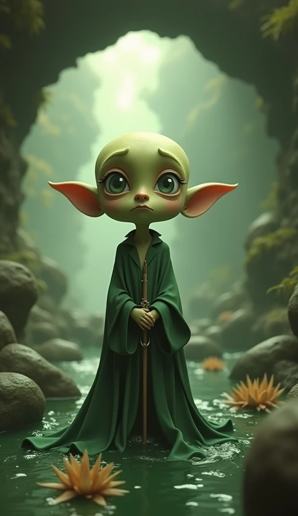 (masterpiece), (extremely intricate:1.3), (realistic), add_detail:1, sweet tooth is a female goblin, small, short, cute, 2 feet tall, light green dirty skin, long pointy ears, her sharp teeth are partially rotten, messy green hair hangs in tangles around her face, bright green eyes, She wears an oversize ragged and slightly revealing brown poncho, she is in a cave alone, casually talking, relaxed mood, slight smile, looking at viewer
