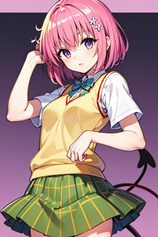 Momo Deviluke, Hair Flowers,  HAIR ACCESSORIES,  purple eyes、 Pink Hair, short hair, Tail,demon Tail, sainan high school uniform,  white shirt , Sweater vest, (Yellow vest:1.1), Short sleeve,  plaid skirt, Green Skirt, Short sleeve, best quality,