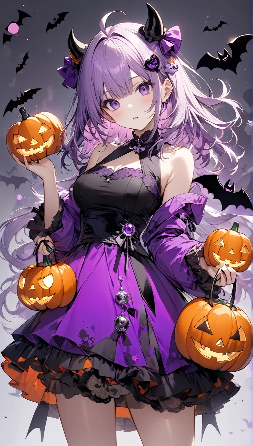 (masterpiece,   best quality:1.2),   1 girl, Alone, \ character "  atlus"\,    and a Halloween Little Devil   ,  Follow Halloween ghosts  , Add a cute charm  ,   jack o lantern ,    transparent purple overlay  , Rough,   add color with a complicated character design  , left 