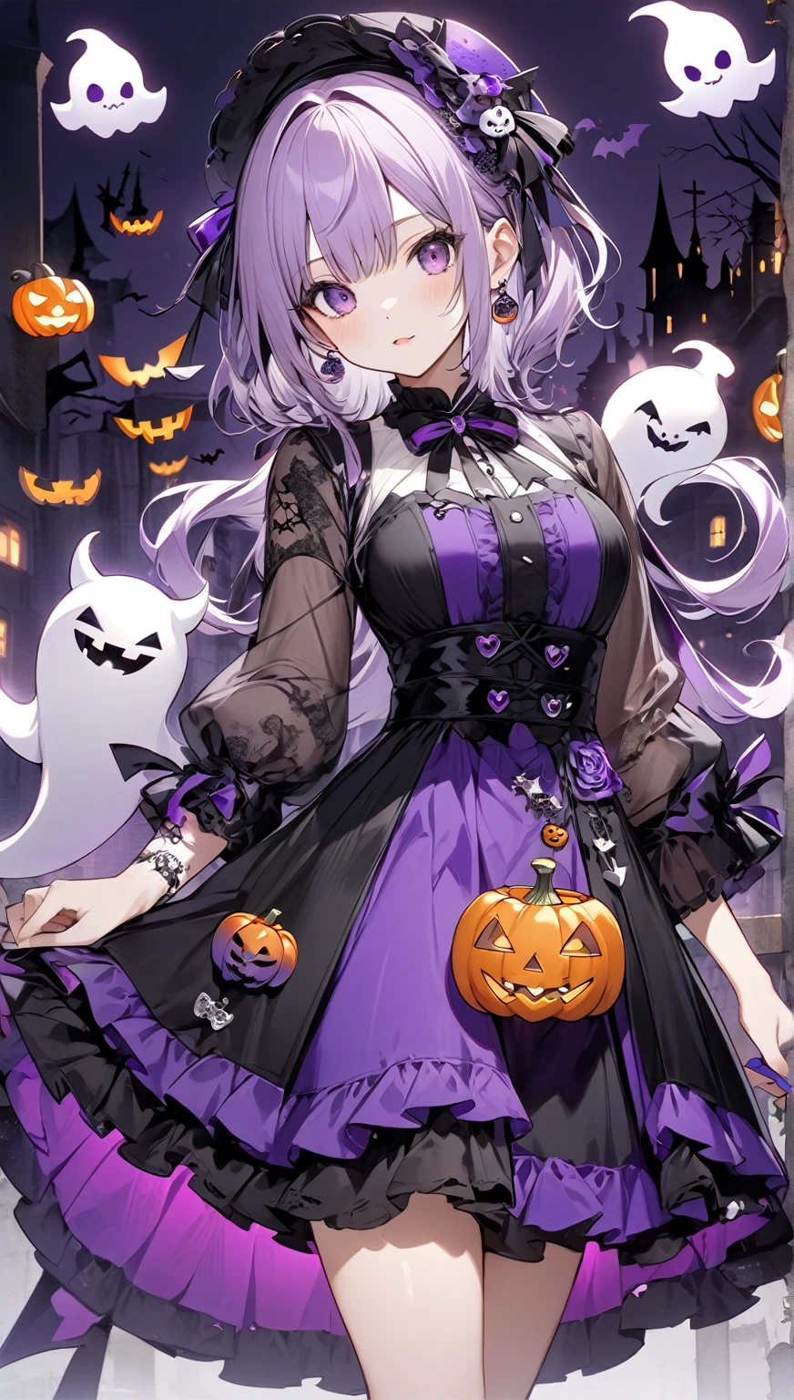 (masterpiece,   best quality:1.2),   1 girl, Alone, \ character "  atlus"\,    and a Halloween Little Devil   ,  Follow Halloween ghosts  , Add a cute charm  ,   jack o lantern ,    transparent purple overlay  , Rough,   add color with a complicated character design  , left 