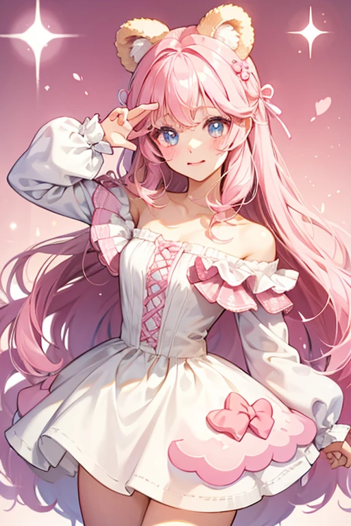 tmasterpiece,best qualtiy,realisticlying,teens girl,White gauze dress,largeeyes,ssmile,Keep one's mouth shut,very vey very detailed face,(pink skies)