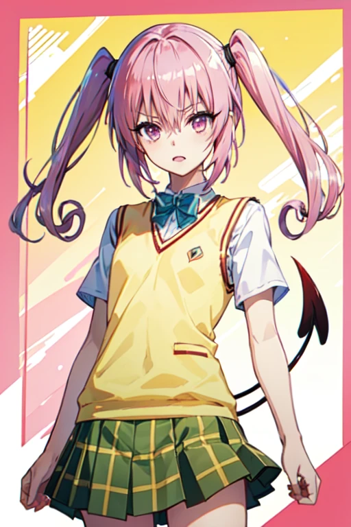 Nana Asta Deviluke,girl、一人のgirl、tooth, Long Hair, Pink Eyes, Pink Hair, Tail, demon Tail、twintails,  flat chest,  white shirt , Sweater vest, (Yellow vest:1.1), Short sleeve,  plaid skirt, Green Skirt, Short sleeve, best quality,