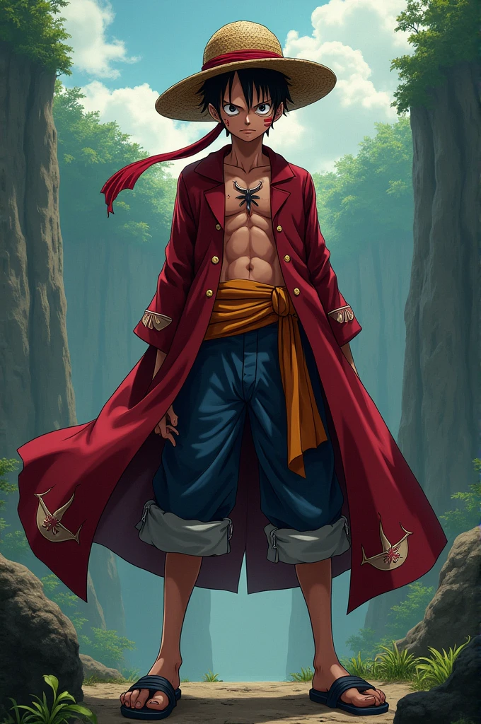 Um personagem de One Piece, he has red hair, wears black pants with a red detail, is 2 meters and 40 centimeters tall, He has a scar on his eye and another large wound on his chest that is shaped like an X and he also wears red flip-flops., thin and not very muscular