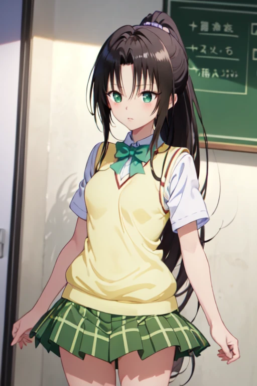 Kujo Rin,girl,Alone,long hair,ponytail, white shirt , Sweater vest, (Yellow vest:1.1), Short sleeve,  plaid skirt, Green Skirt, Short sleeve, best quality,