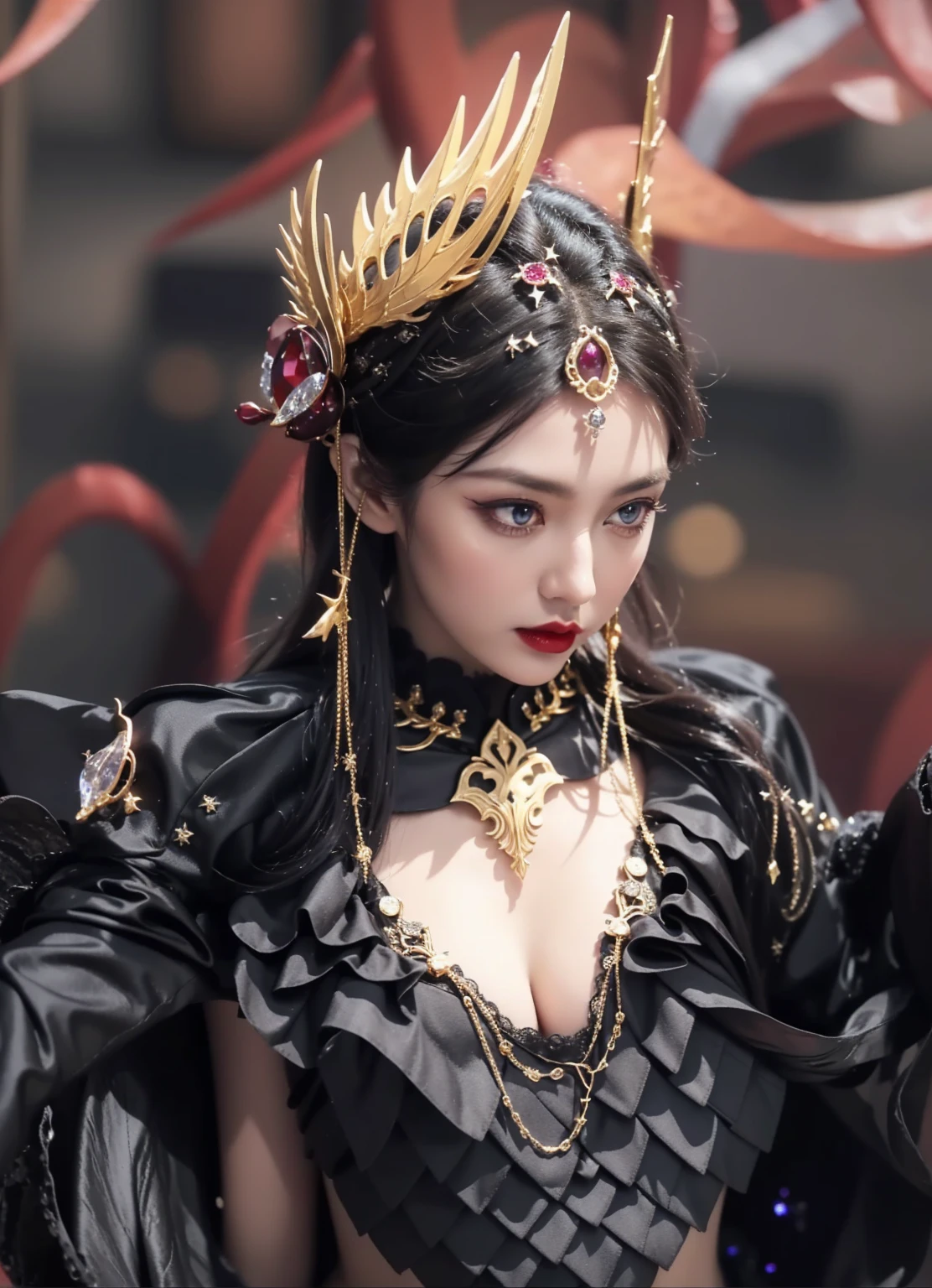 Girl, transparent, see through, black and gold dress, topless, black hair, tiara, glove, chokes, black long sleeves, black veils, ear wear, detailed hand, oval face, smile, picture form top to knee, sexy pose, large breasts, look at camera, camera from below, detailed, lake background, photorealistic, best quality