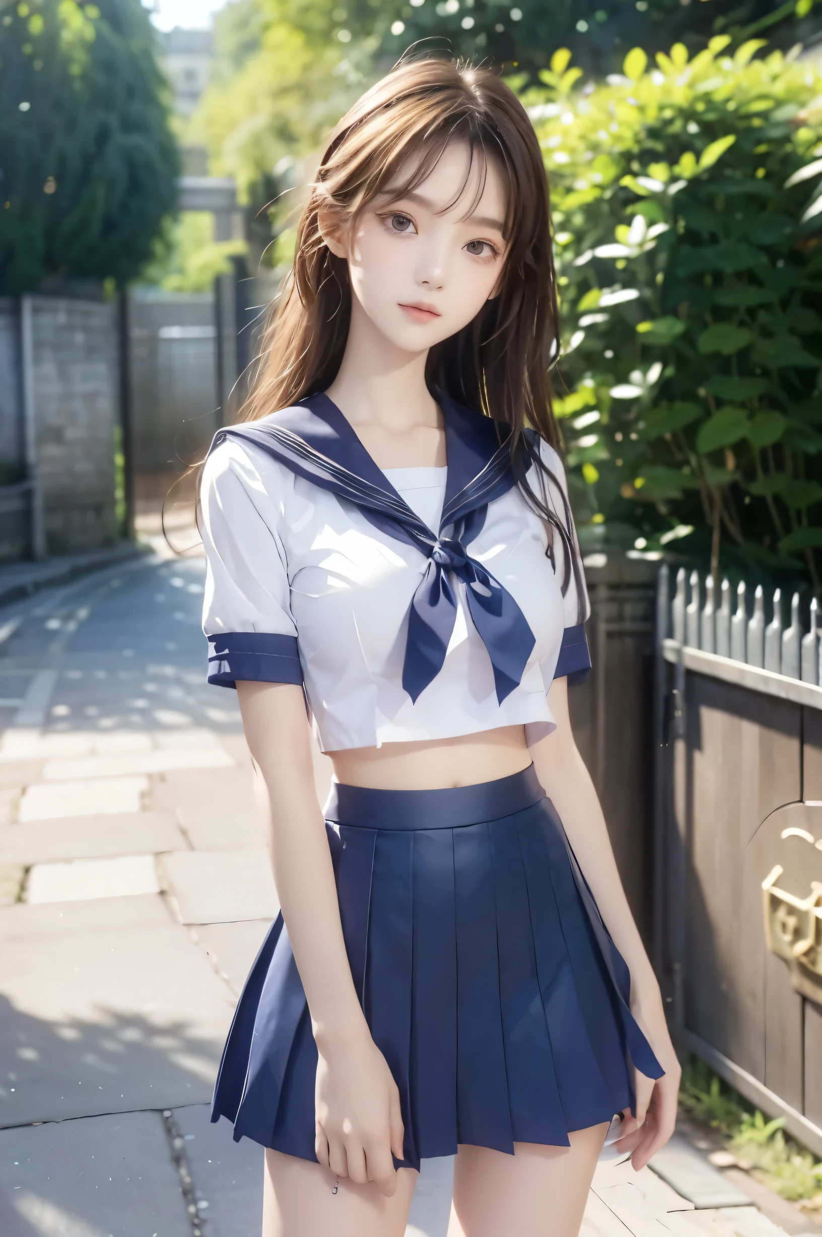 ( super high image quality ), ( looking over here), (Short-sleeved sailor uniform,  navy blue mini skirt), Big Breasts, Super beautiful breasts, Slender, (Thin legs:1.2), (Thin thighs:1.2), (Thin Hips:1.4), (Beautiful Skin,  shiny skin,  white skin), (Super slim face, Super beautiful face, No makeup, Smile:0.6), (Light Brown Hair,  semi-long, Layered Cut, Fluffy hair), (Big eyes:1.3, High corners of the eyes:1.6, double eyelid), (Thin eyebrows:0.1), (Small Nose:0.6), (Thin lips:0.6), Beautiful Hands, Empty-handed,  standing, In front of the school gate