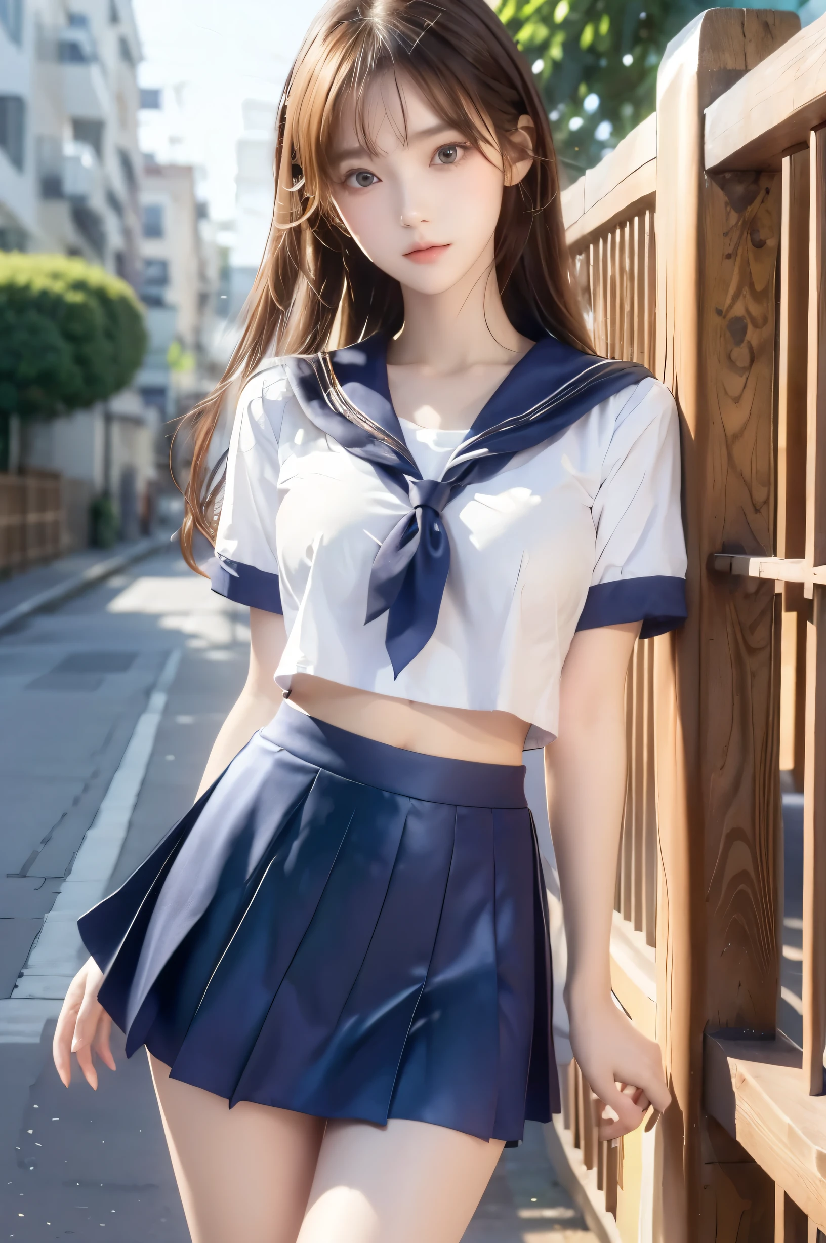 ( super high image quality ), ( looking over here), (Short-sleeved sailor uniform,  navy blue mini skirt), Big Breasts, Super beautiful breasts, Slender, (Thin legs:1.2), (Thin thighs:1.2), (Thin Hips:1.4), (Beautiful Skin,  shiny skin,  white skin), (Super slim face, Super beautiful face, No makeup, Smile:0.6), (Light Brown Hair,  semi-long, Layered Cut, Fluffy hair), (Big eyes:1.3, High corners of the eyes:1.6, double eyelid), (Thin eyebrows:0.1), (Small Nose:0.6), (Thin lips:0.6), Beautiful Hands, Empty-handed,  standing, In front of the school gate